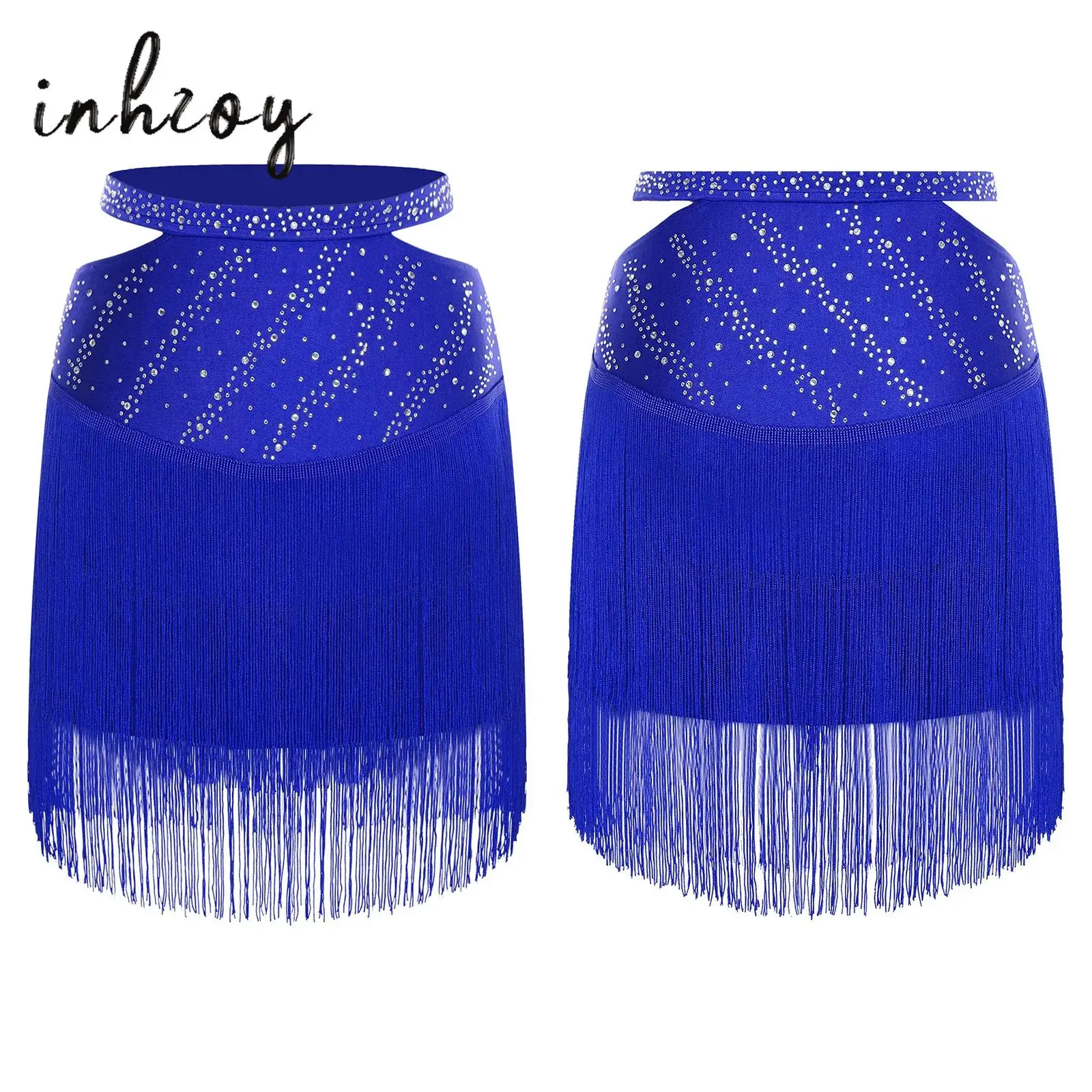 

Women Salsa Cha-Cha Latin Dance Skirt Cutout Elastic Waistband Shiny Rhinestones Tassels Skirts Ballroom Performance Dancewear