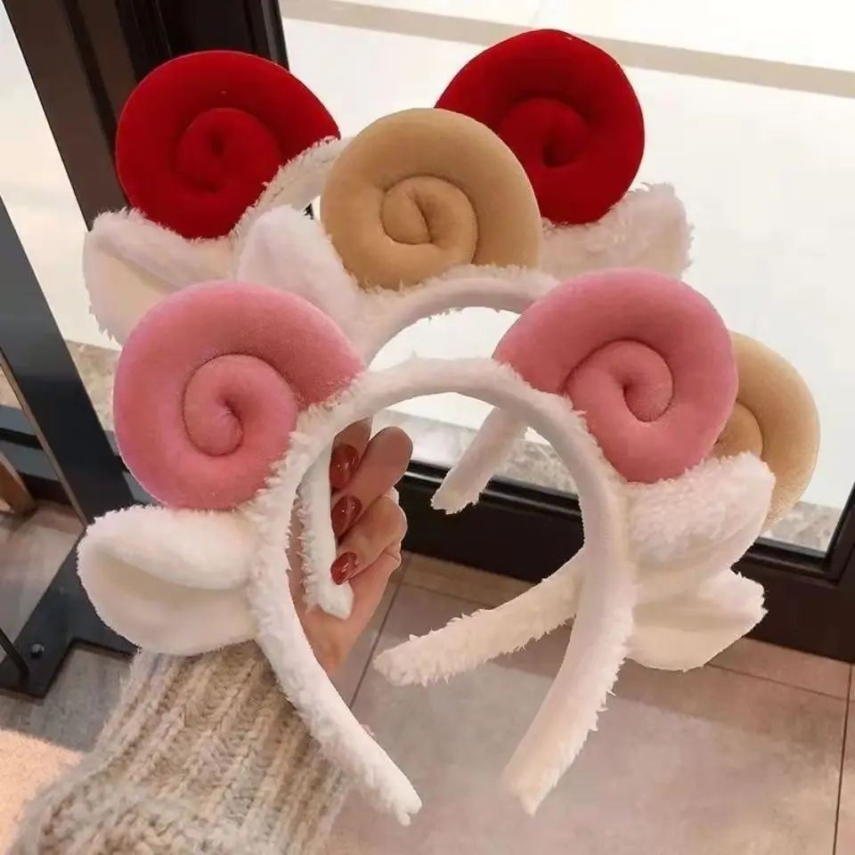 Cute Sheep Horn Lamb Ear Soft Fleece Women Headband Makeup Head Band Hair Band for Wash Face Shower Hair Accessories