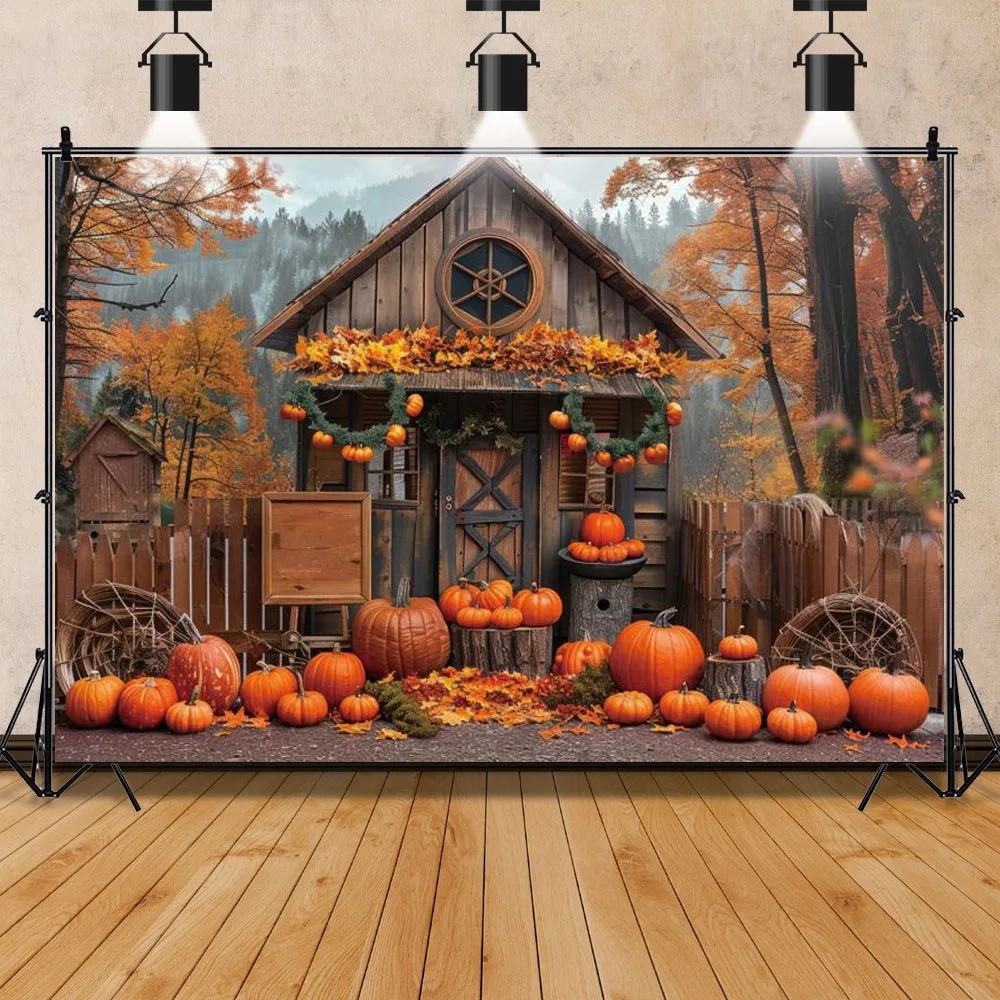 Fall Thanksgiving Background Wooden Door Barn Autumn Pumpkin Maple Leave Sunflower Halloween Decoration Photography Backdrop