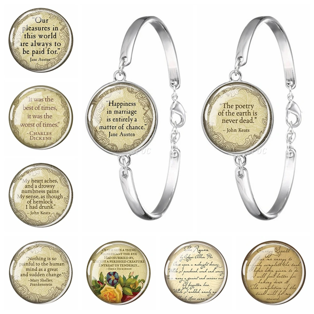 Literary Letters Bracelets Jane Austen John Keats Quotes Glass Cabochon Charm Bracelet Women Artist Book Lovers Jewelry Gift