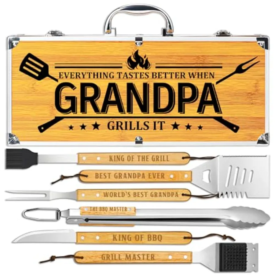 

Gifts from Grandkids, Grilling Gift Heavy Duty Wooden BBQ Grilling Accessories Kit, Thick Stainless Steel Grill Utensils with N