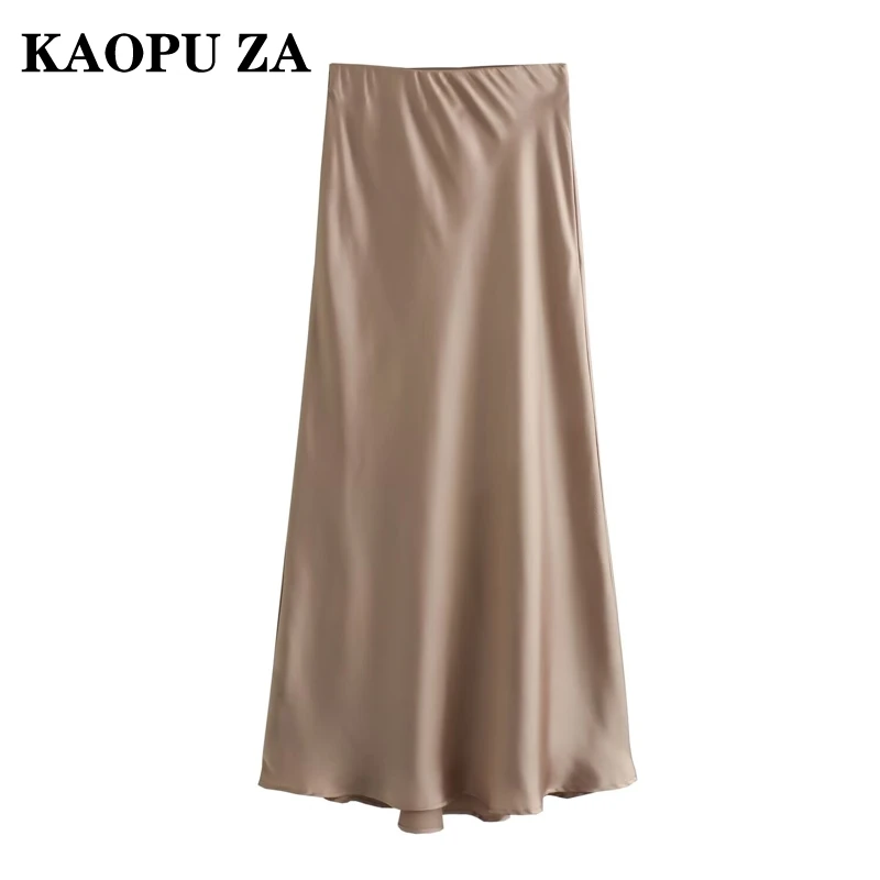 KAOPU ZA 2024 Autumn New Woman Fashion Side Zipper Satin Midi Skirt Bottoms Casual Female Solid Color A-lineskirt Ruffles Print