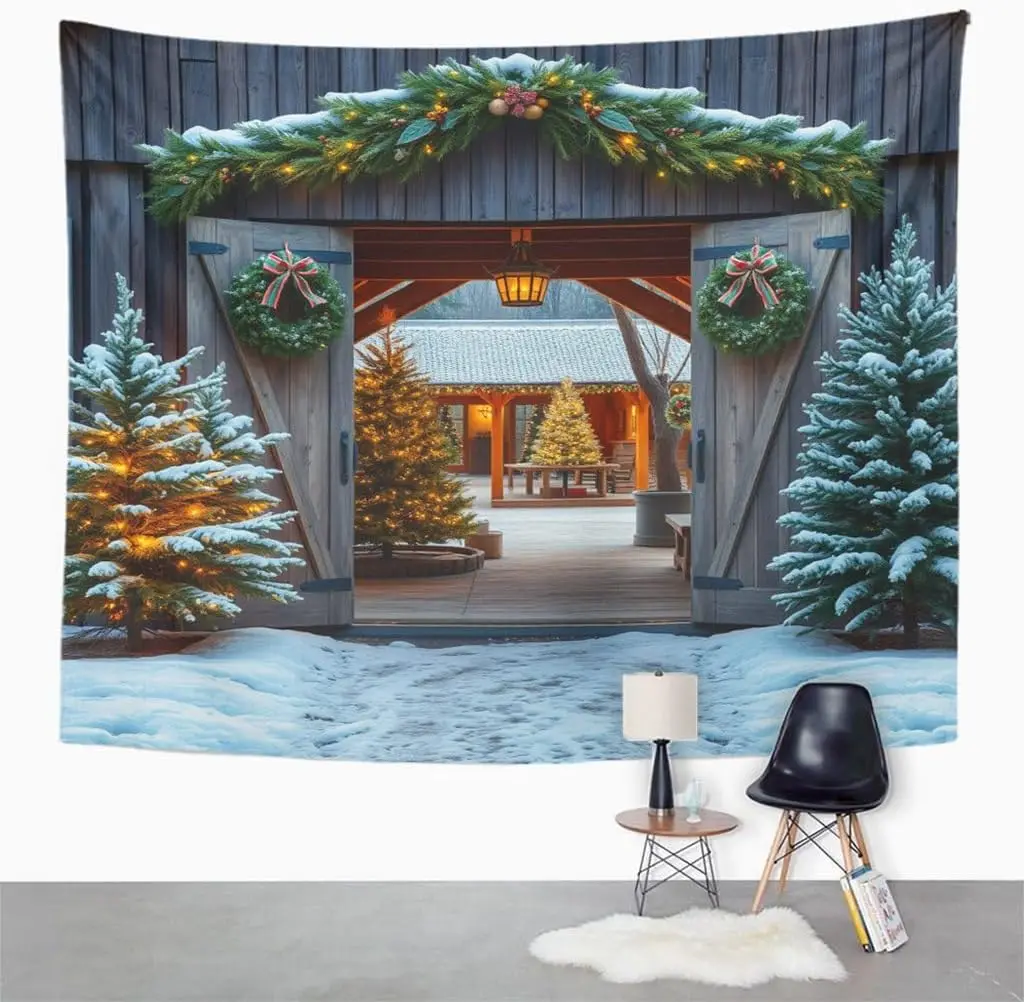 Farmhouse Christmas Tapestry Wall Hanging Rustic Wooden Barn Doors Snowy Scene Wreaths Garlands Lightweight Polyester Fabric