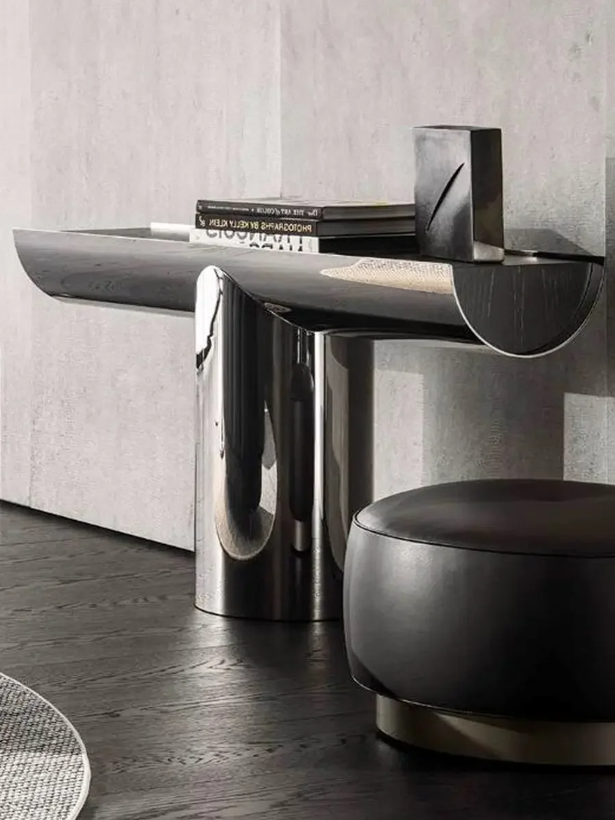 Italian light luxury against the wall Entrance table Stainless steel entry bright silver bar table Designer aisle sofa back few