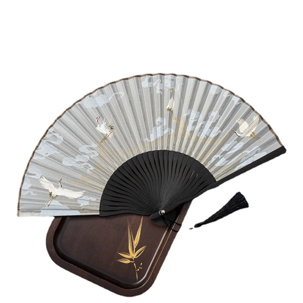 Hand Held Fan Crane Print With Tassels Chinese Style Vintage Hand Fan Folding Fans Dance Wedding Party Painting Home Decor - Image 5