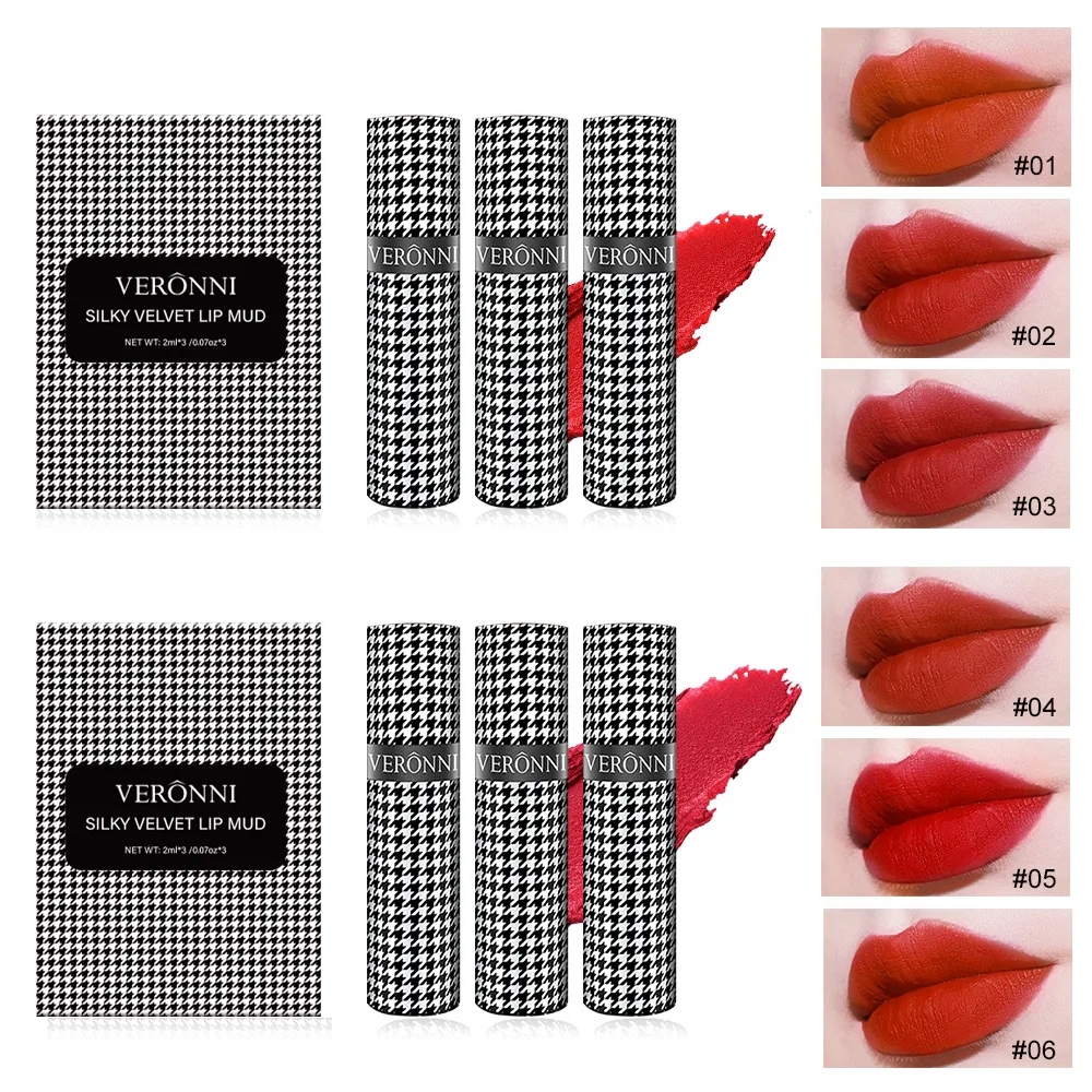 VERONNI houndstooth lip mud set three-pack lip mud matte matte lip cheek dual-use blush lipstick lip glaze