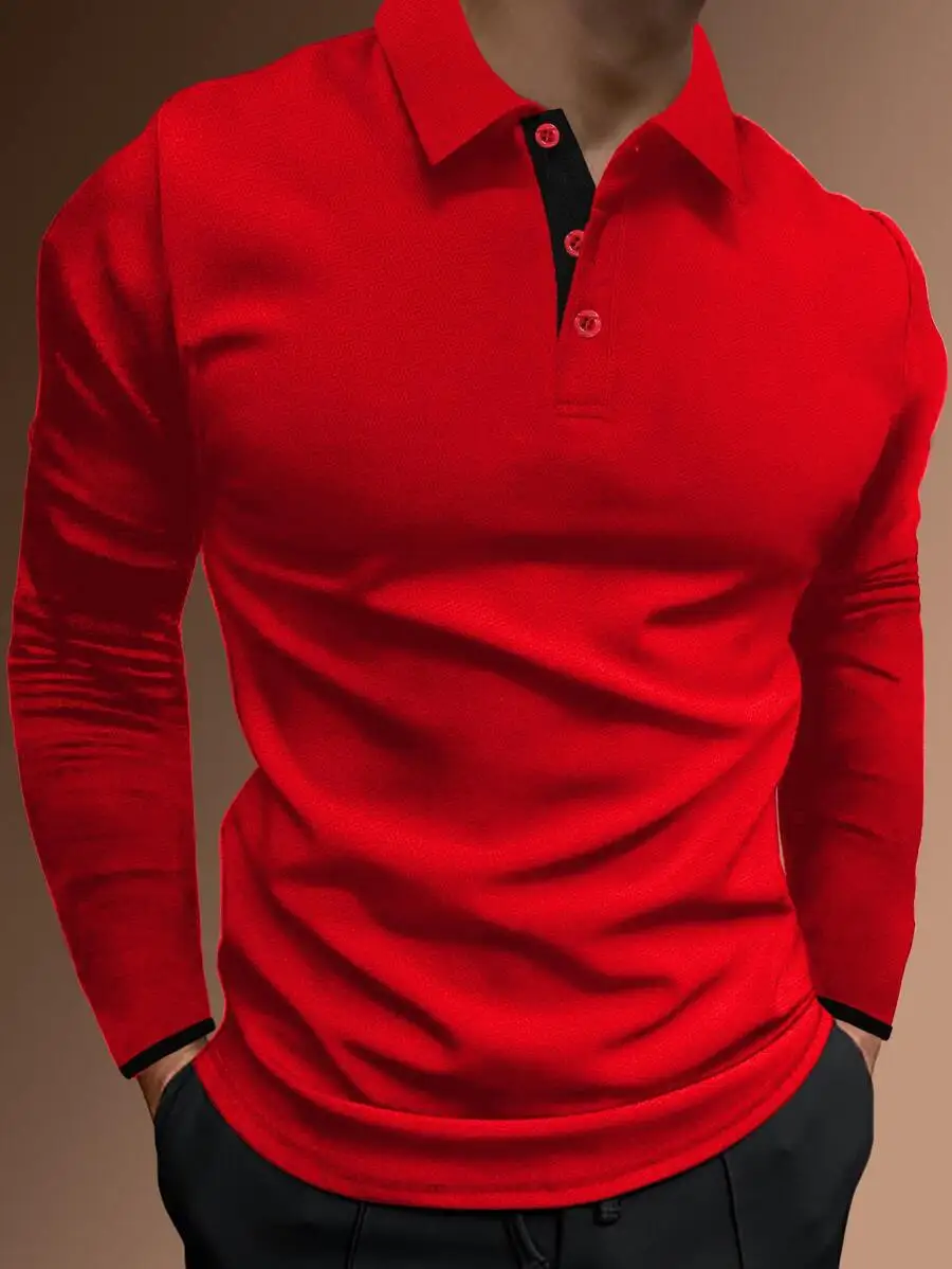 

Men's Red Long Sleeve Contrast Collar Knit Polo Shirt for Casual Commute