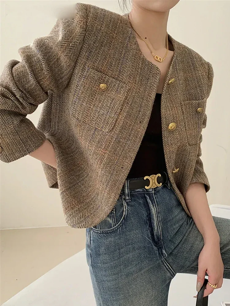 

Coffee Jackets for Women 2023 Autumn New O Neck Single Breasted Long Sleeve Coats Vintage Fashion Pockets Elegant Jacket