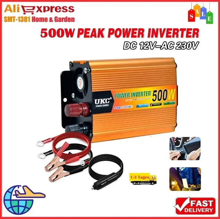 

Интеллектуальный инвертор постоянного тока от 12 В до переменного тока 230 В, встроенный предохранитель, автомобильный трансформатор напряжения, цифровой инвертор мощности для автофургона