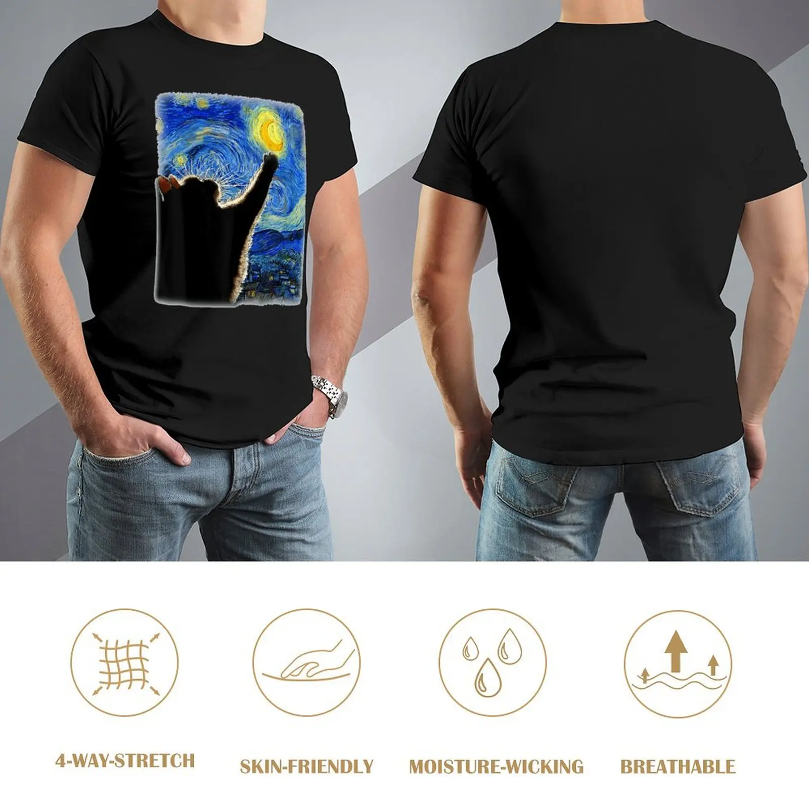Round Neck Starry Night Cat Van Gogh Cat Cat Lover T-shirt  Move Tshirt Unique Funny Novelty Home USA Size image 5
