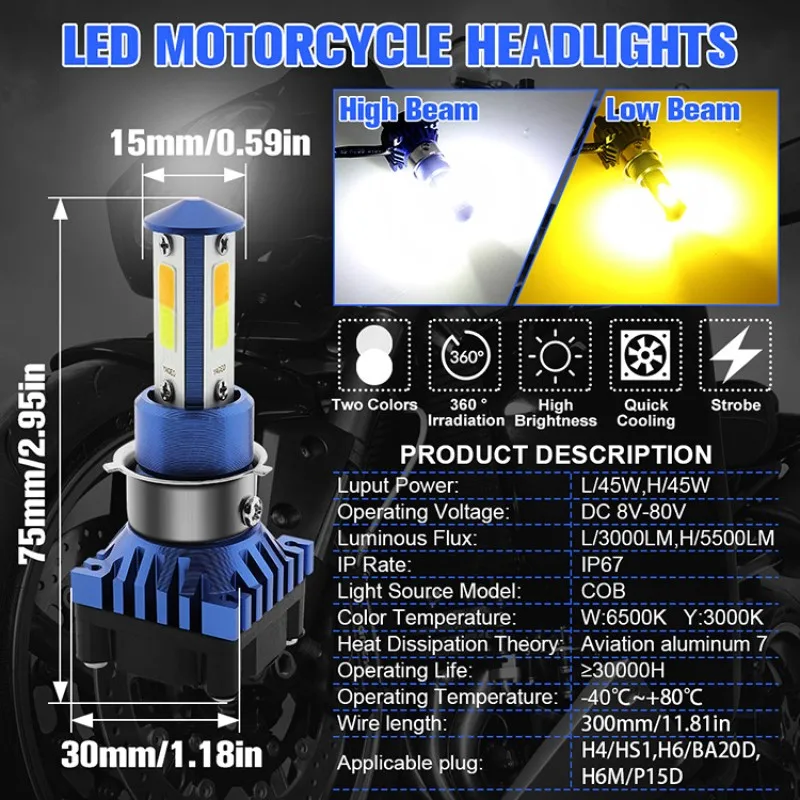 H4 BA20D H6M Motorcycle LED Headlight Bulb,40W 4400LM Super Bright H6 High Low Beam LED Bulb for Motorcycle Car eBike