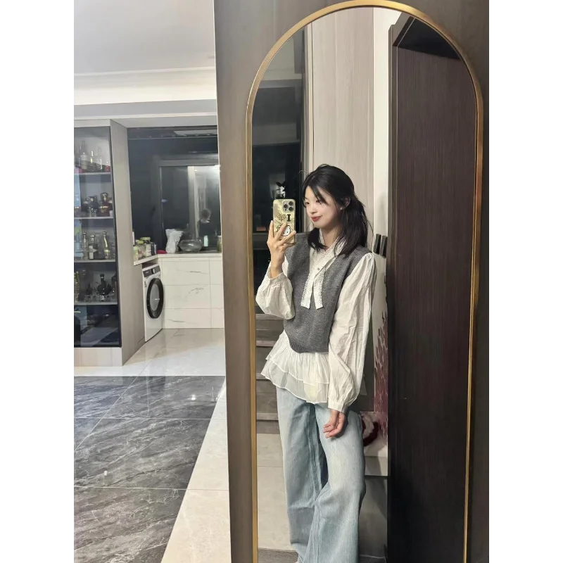 Korean Temperament Vest Lace Shirt Two-piece Set Women's Autumn New Style Super Beautiful Fashionable Simple Top