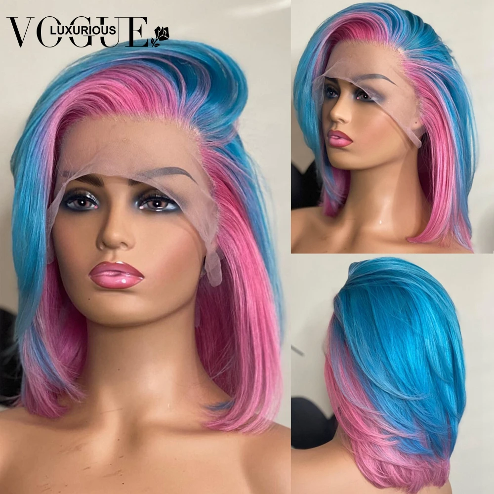 

13x6 Highlight Pink Silky Straight Lace Front Wig Blue Color Brazilian Virgin Human Hair Short Bob Wigs with Baby Hairline