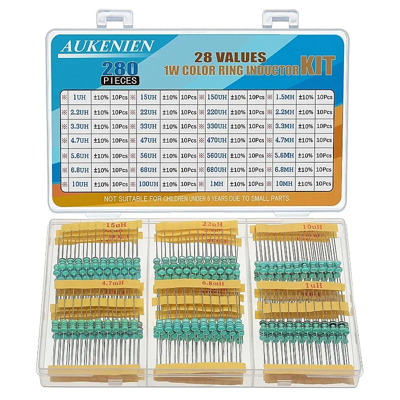 

AUKENIEN 1W Colour Ring Inductors 28Values Inductor Kit 1uH to 10mH 280 Pieces 0510 DIP Colour Code Inductance 1 Watt Assortment