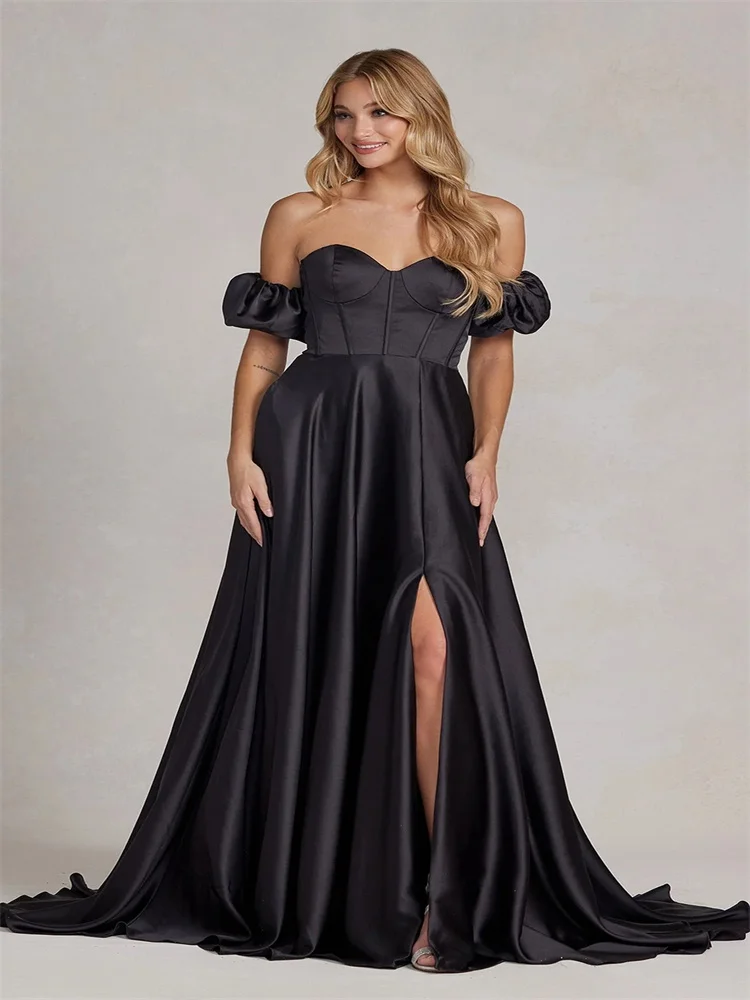 

A-Line Sexy High Split Wedding Guest Prom Dress Off-The-Shoulder Sleeveless Floor Length Sweep Brush Train with Ruched Slit