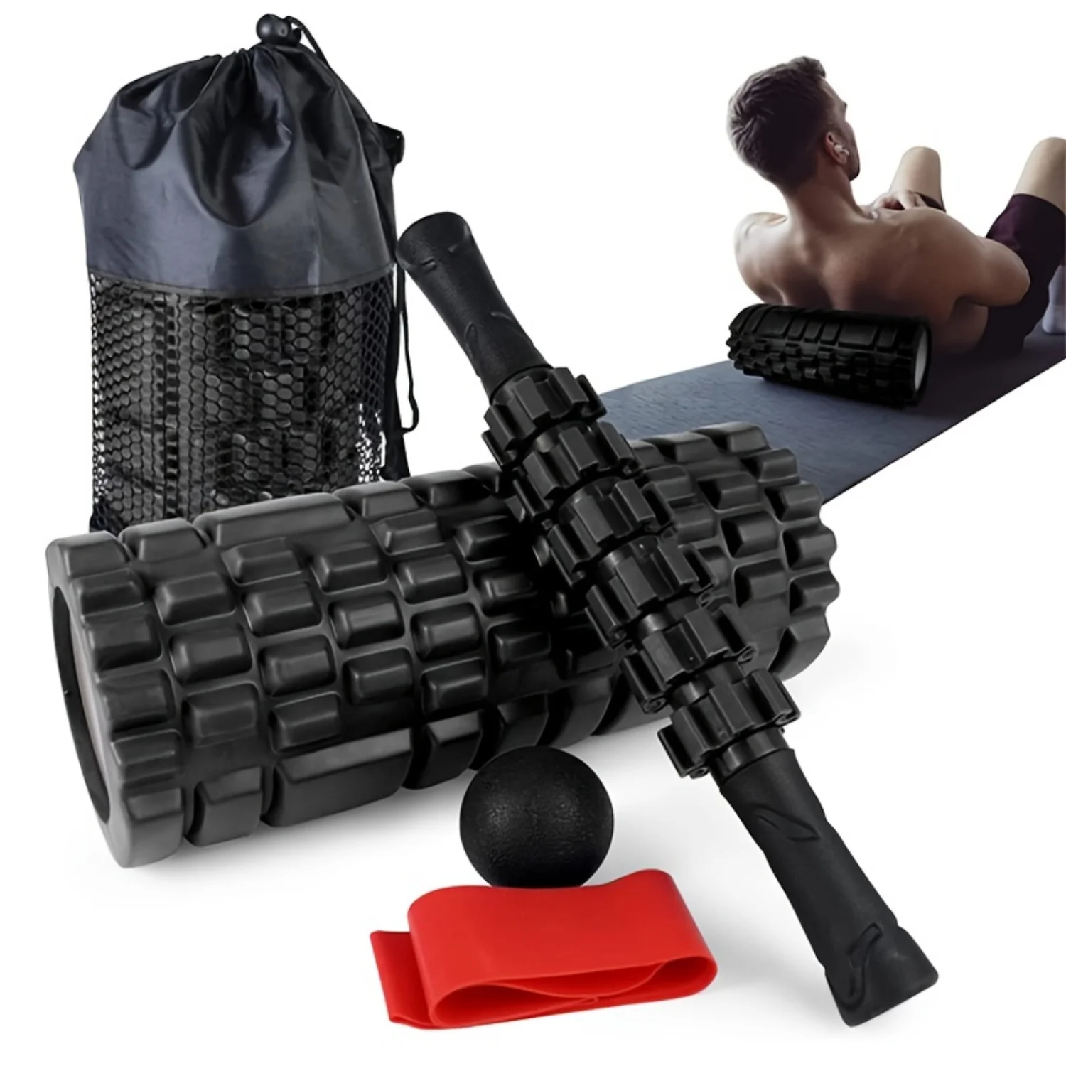

5-in-1 Foam Roller Set for Muscle Massage with Roller, Ball, Band, Stick, Yoga - Stretching Equipment