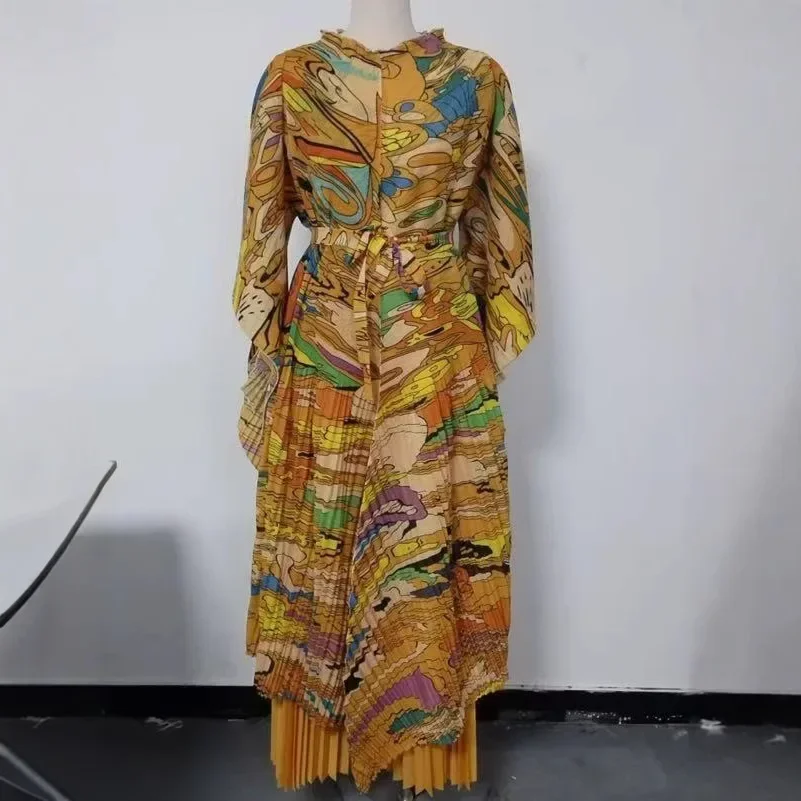

2025 African Miyake Pleated Printed Suit Top + Wide-leg Straight Pants Two-piece Fashion Women's Clothing Summer New