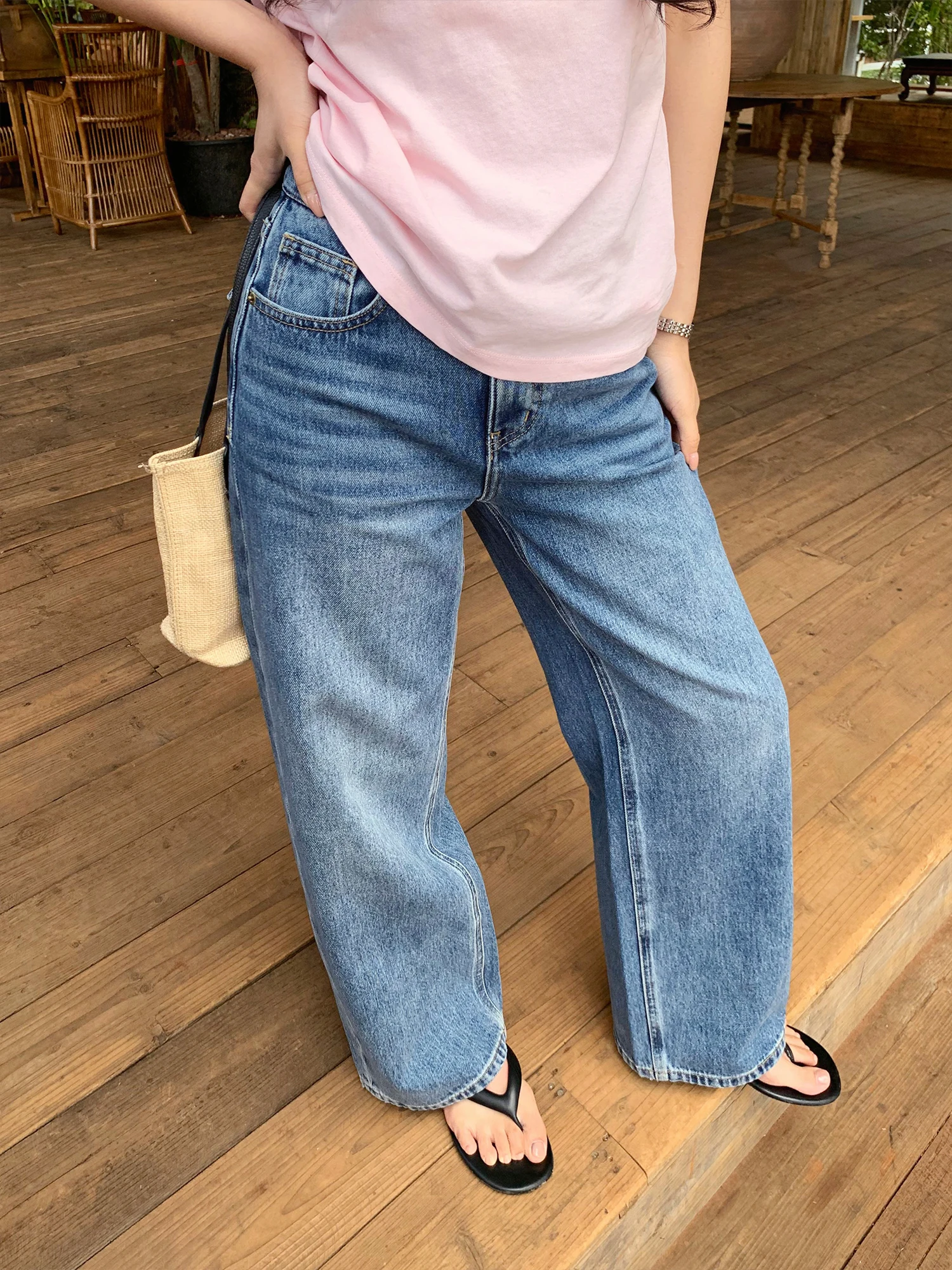 

High Waist Vintage Washed Cotton Casual Straight Leg Wide Leg Pants Women's Loose Fit Jeans Pusumede Manchester Style