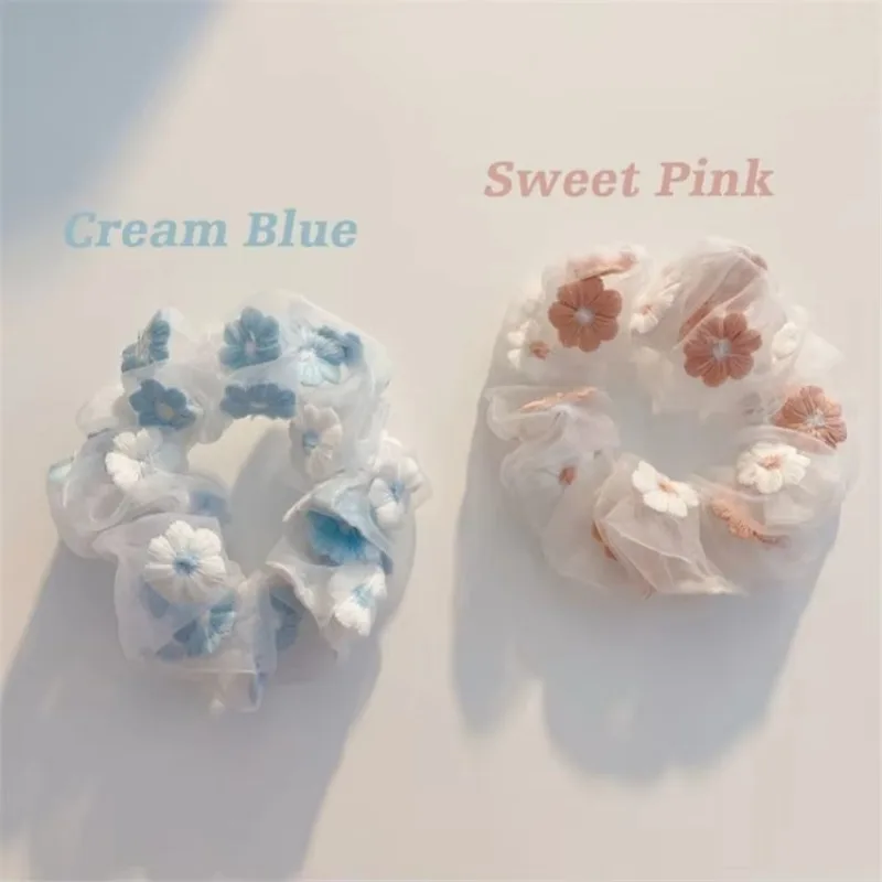 Sweet Popular Lace Hairband Embroidery Organza Daisy Hair Scrunchie Solid Color Transparent Tulle Hair Ties