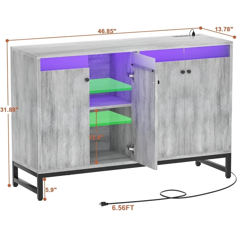 Sideboard Buffet Cabinet with Power Outlet, Kitchen Storage Cabinet with LED Light & Doors, Accent Cupboard Table with Storage
