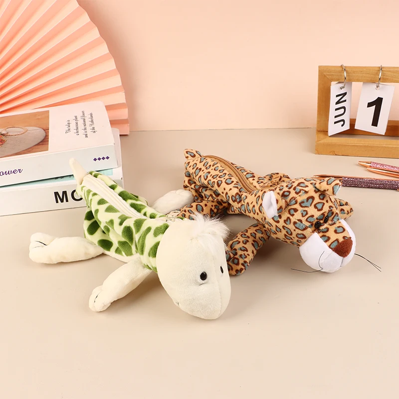 Cartoon Animal Pencil Case Lion Tiger Bear Plush Doll Pen Pouch Cosmetic Bag Desktop Storage Bag School Supplies Stationery Box