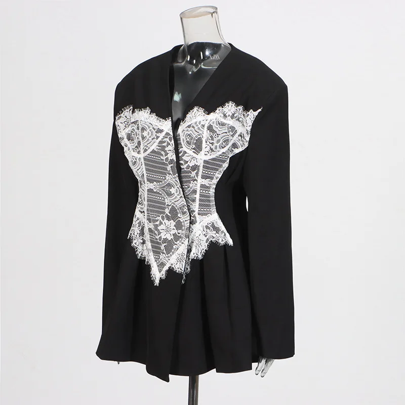 SuperAen European and American Style Blazer Women's 2025 New Lace Splicing Waist Single-breasted Blazer