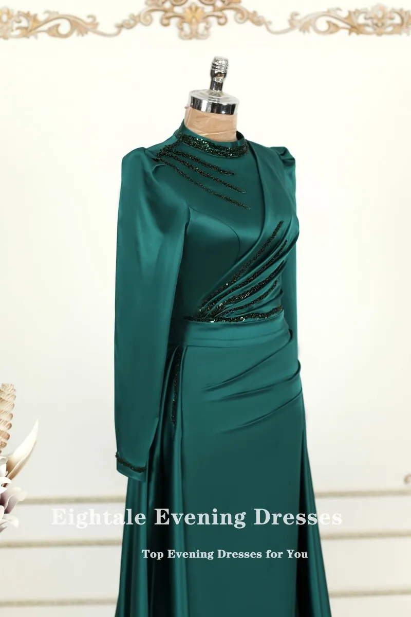 Eightale Muslim Evening Dress for Wedding Party Emerald Green Beaded Long Sleeve Prom Gown Customized Celebrity Dress abendkleid