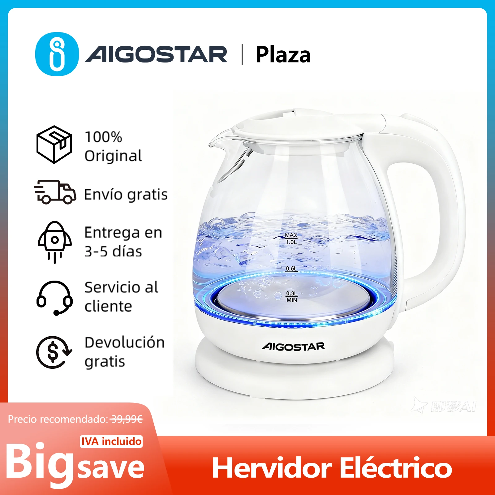 Aigostar Blanco Hervidor De Agua Eléctrico De Cristal, 1L, Hervidores Eléctrico Con Iluminación Led, Filtro Antical, Apagado Automático, 2200W