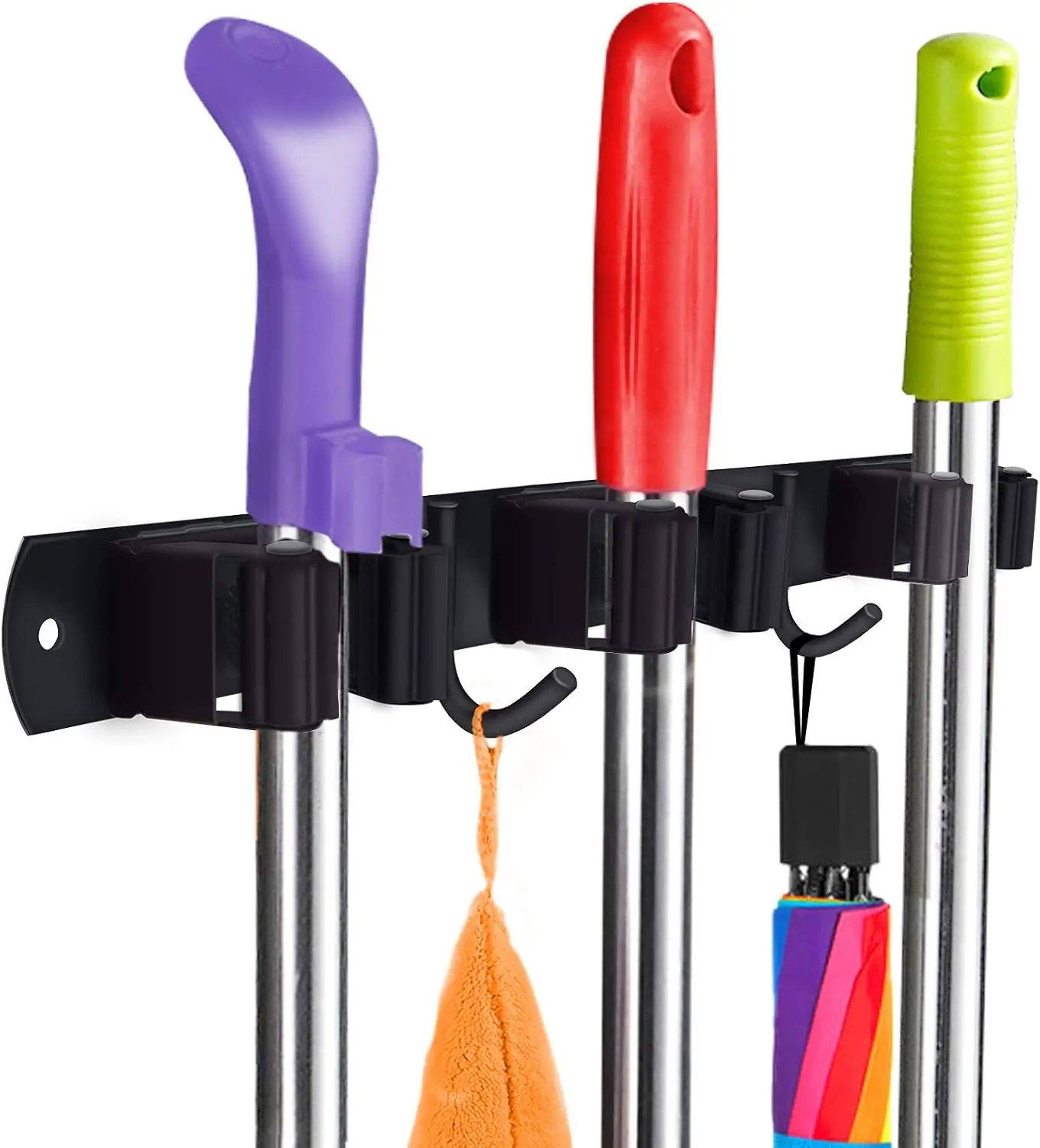 

Heavy-Duty Stainless Steel Broom Holder, Wall Mount, Adjustable, 3 Racks, 2 Hooks, Space-Saving