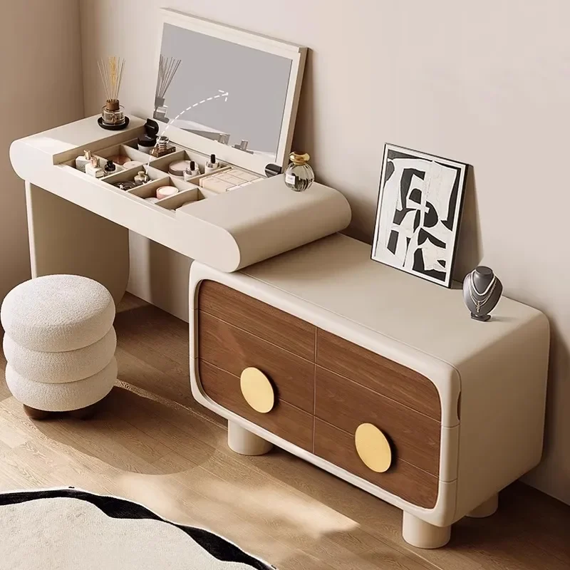 for Solid Wood Dresser Chest Integrated Bedroom Retro Cream Style Small Apartment Clamshell Makeup Table Advanced Storage