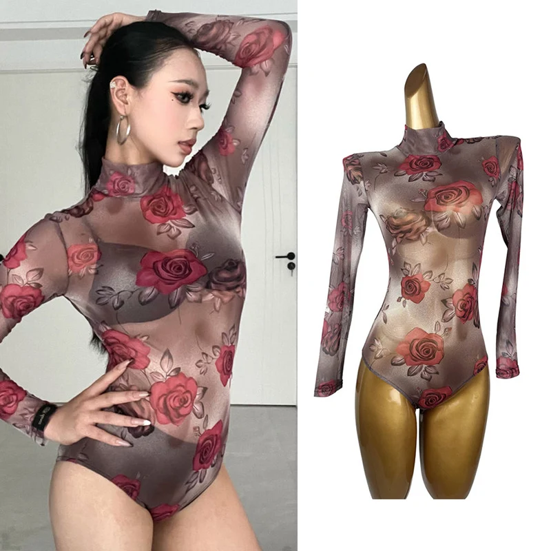 Latin Dance Mesh Jumpsuit Female Adult Long Sleeve High Collar Dance Performance TopsTango Ballroom Practice Bodysuit XH1321