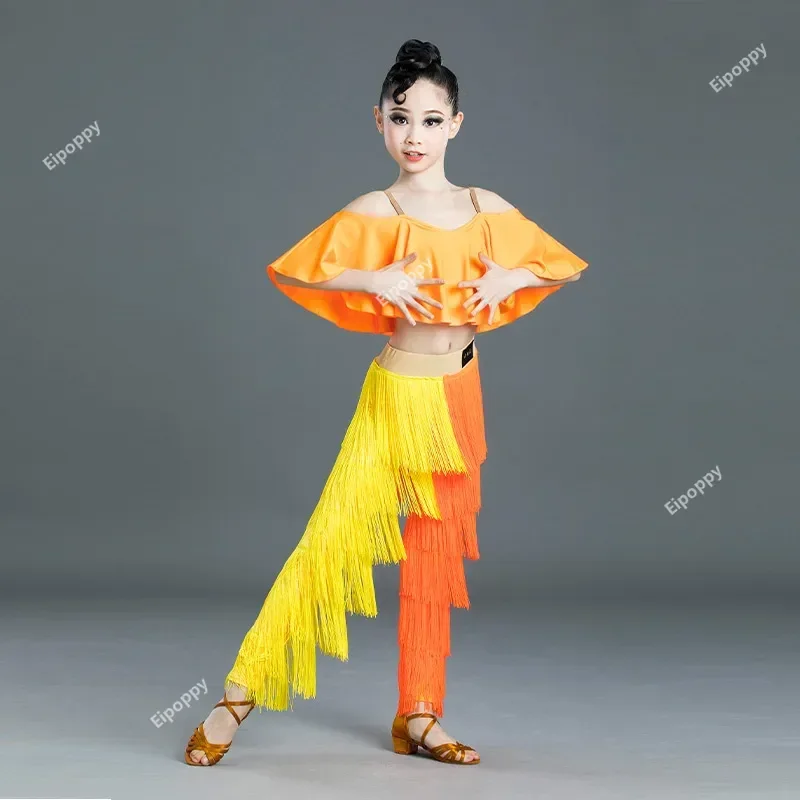 

New Children Tassel Latin Dance Competition Clothes Girls National Standard Dance Tassel Pants Suit Practice Clothes Performance