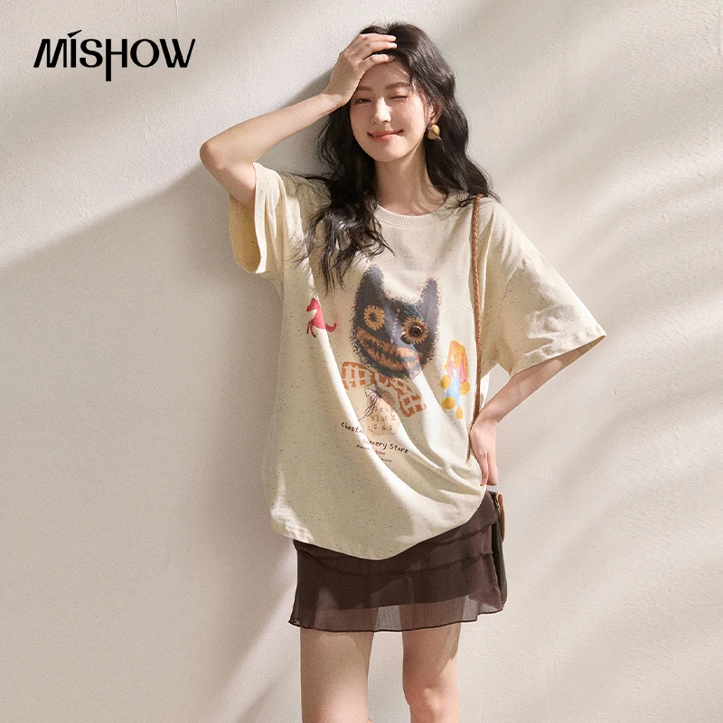 Women's Funny Cat Print T-Shirt - Colorful Dot Tee