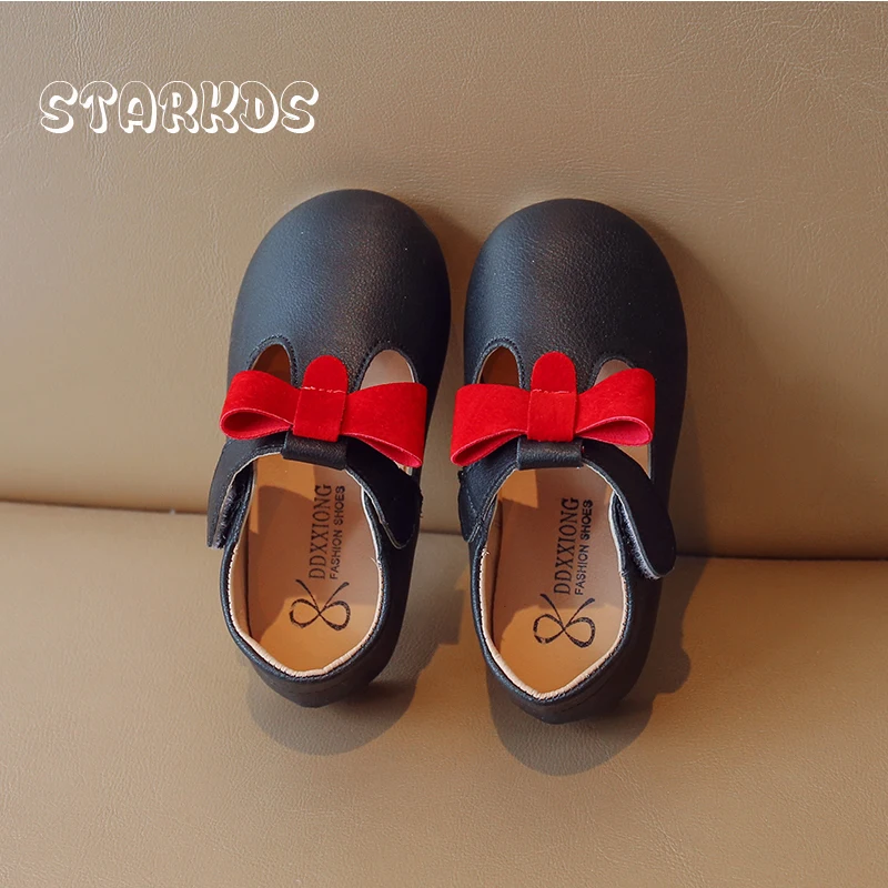 Red Bowknot Black T-Strap Mary Jane Shoes Kids Soft Leatherette Ballet Flats Baby Girls Round Toe Bow Tie Shallow Loafers