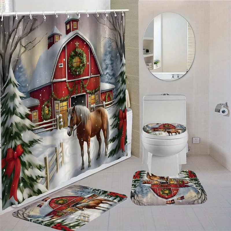 Christmas Themed Shower Curtain Set Horse and Barn Motif - Woven, Water-Resistant Polyester Bathroom Decor with Non-Slip Ru