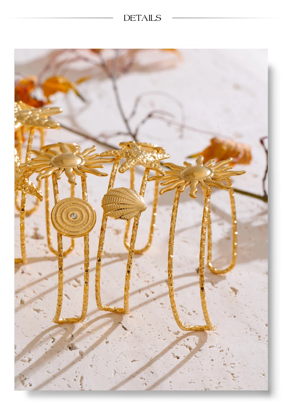 Yhpup Ocean Series Golden PVD Starfish Shell Sun Cuff Bracelet Open Wrist Jewelry Stainless Steel Bangle for Summer Holiday