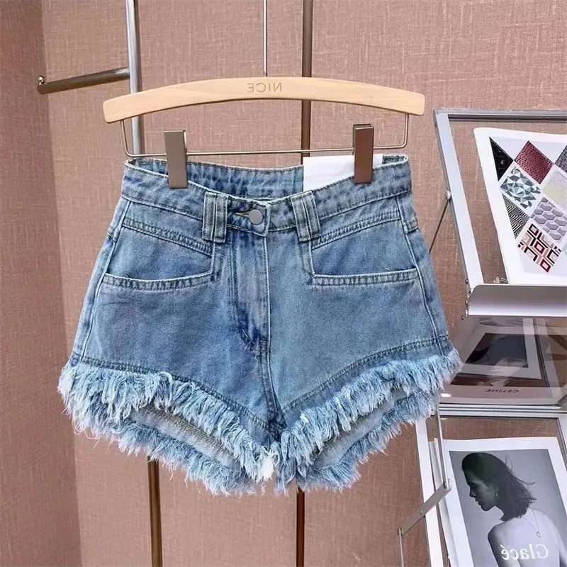 2024 Summer Women Ruffled Denim Shorts Button Loose Wide Leg Streetwear Shorts Jeans