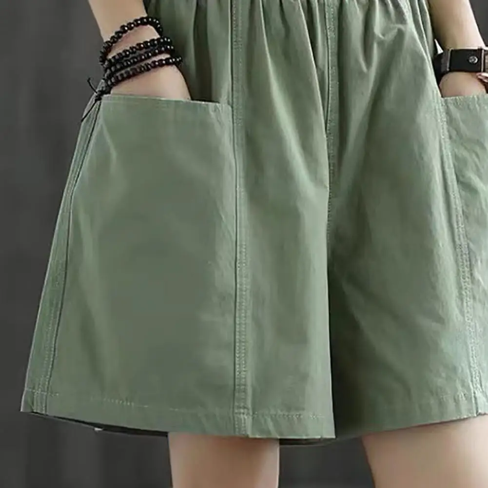 Elegant Fashion Harajuku Slim Fit Female Clothes Casual Wide Leg Pants Solid Pockets High Waist Straight Leg Shorts