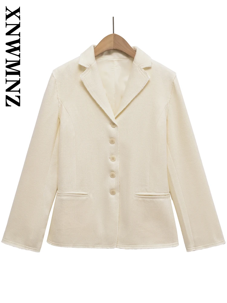 

XNWMNZ 2025 осенний новый женский повседневный модный пиджак с длинными рукавами, простой женский бежевый винтажный костюм с зубчатым воротником, пальто