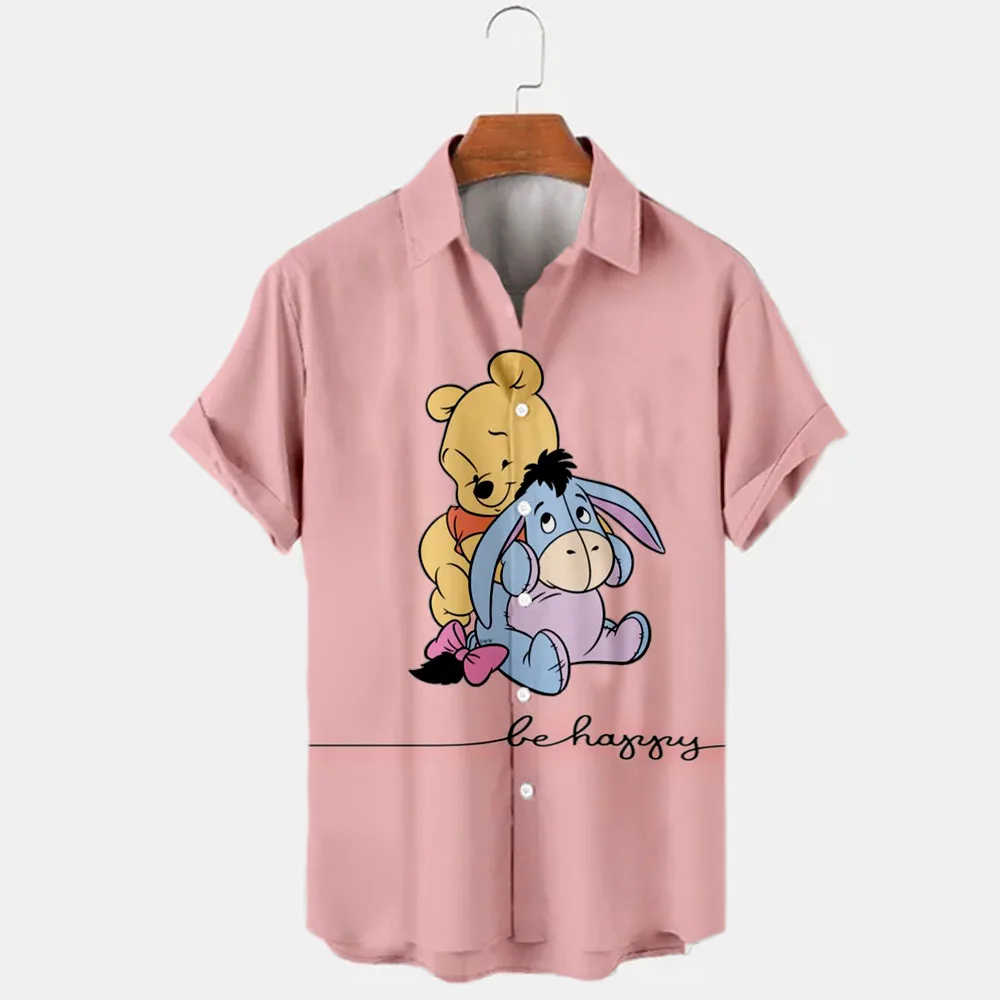 New Summer Disney Brand Stitch And Winnie The Pooh Cartoon Casual 3D Printed Short Sleeve Lapel Shirt Slim Fit Men's Top