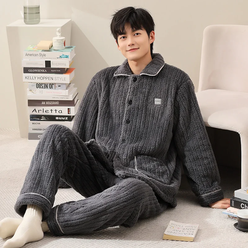 Men's Autumn And Winter Thick Flannel Pajamas Sets Long Sleeve Fashion Style Solid Warm Plush Sleepwear Button Cardigan Pijamas