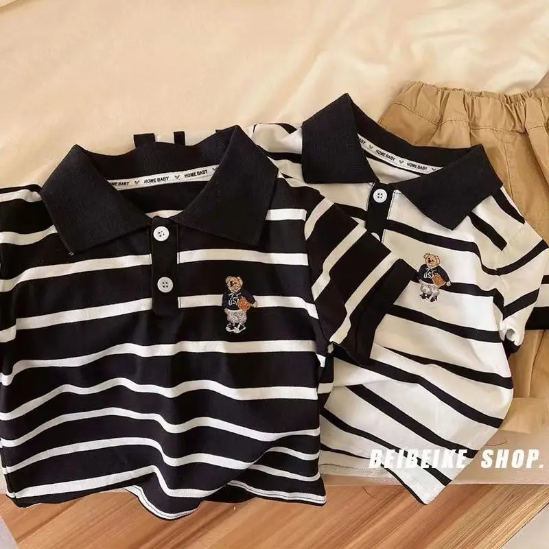 

Summer Children's Cotton T-shirt 2022 New Baby Boy Handsome Casual Polo Collar Stripes Top Boy's Short-Sleeved T-shirt