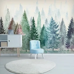 Mural de parede personalizado 3D para sala, moderno pintado à mão, árvore aquarela, floresta enevoada foto papel de parede, fundo sala de jantar, fresco