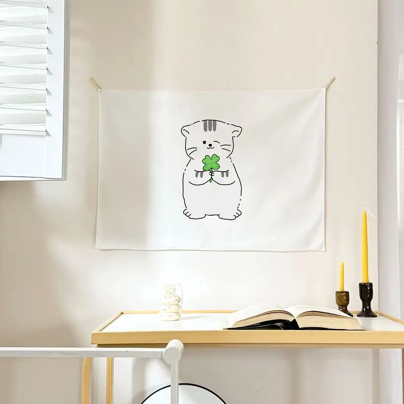 Korean Door Curtain, Cartoon Cat Clover Half Curtain, Privacy Room Divider For Kitchen Entryway, Aesthetic Home Decor