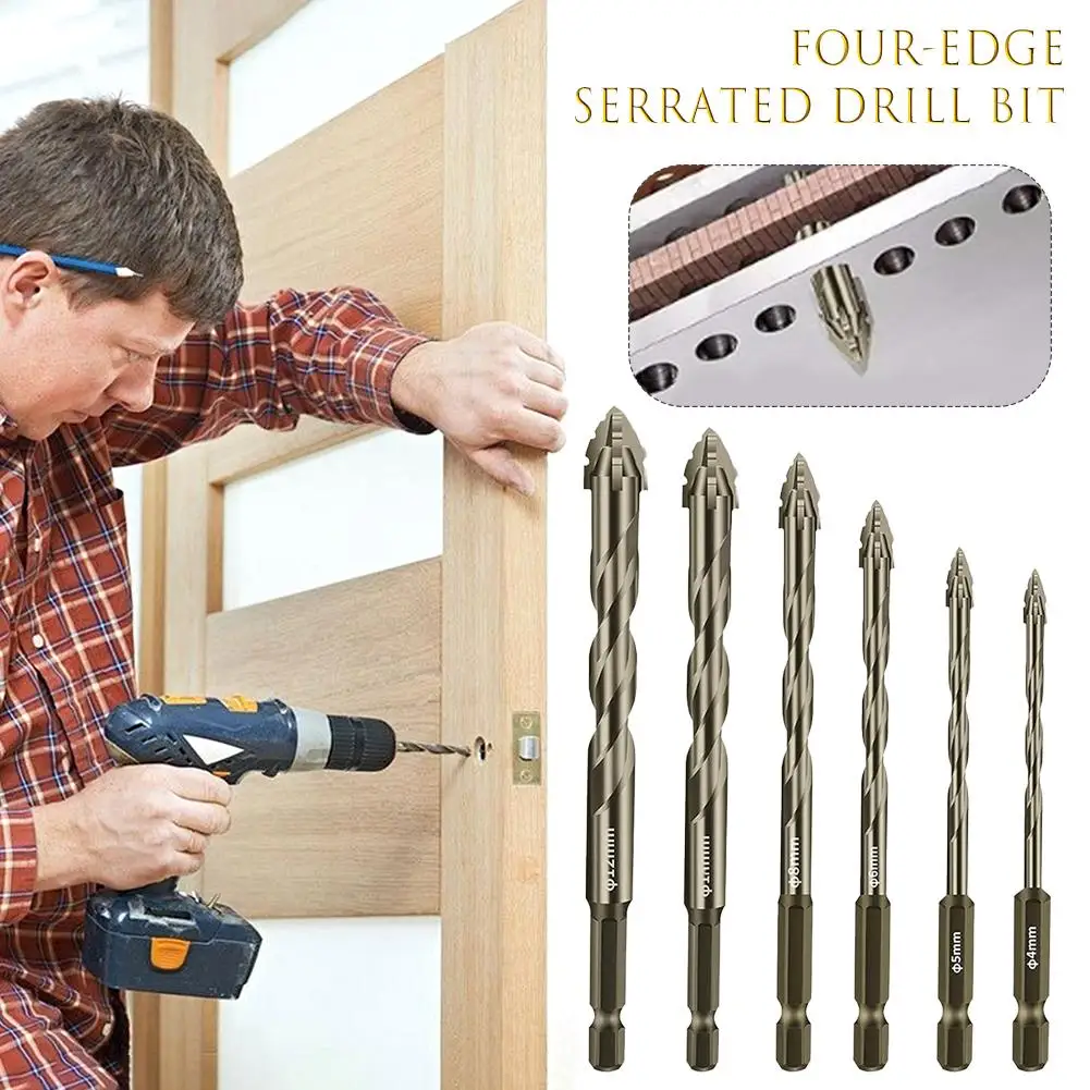 4/6pcs Four Serrated Eccentric Dry Drilling Full Ceramic Drill Tile Glass Bit Concrete Tool Steel Stainless Drilling Marble H6u4