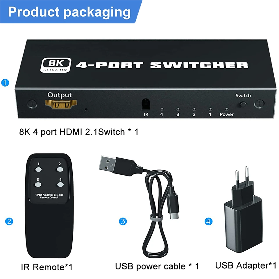 Navceker Switcher HDMI 2.1-compatible 4 in 2 in 1 out 8K 60Hz 4K 120Hz Switch Splitter adapter IR Remote For PS5 PS4 Projector