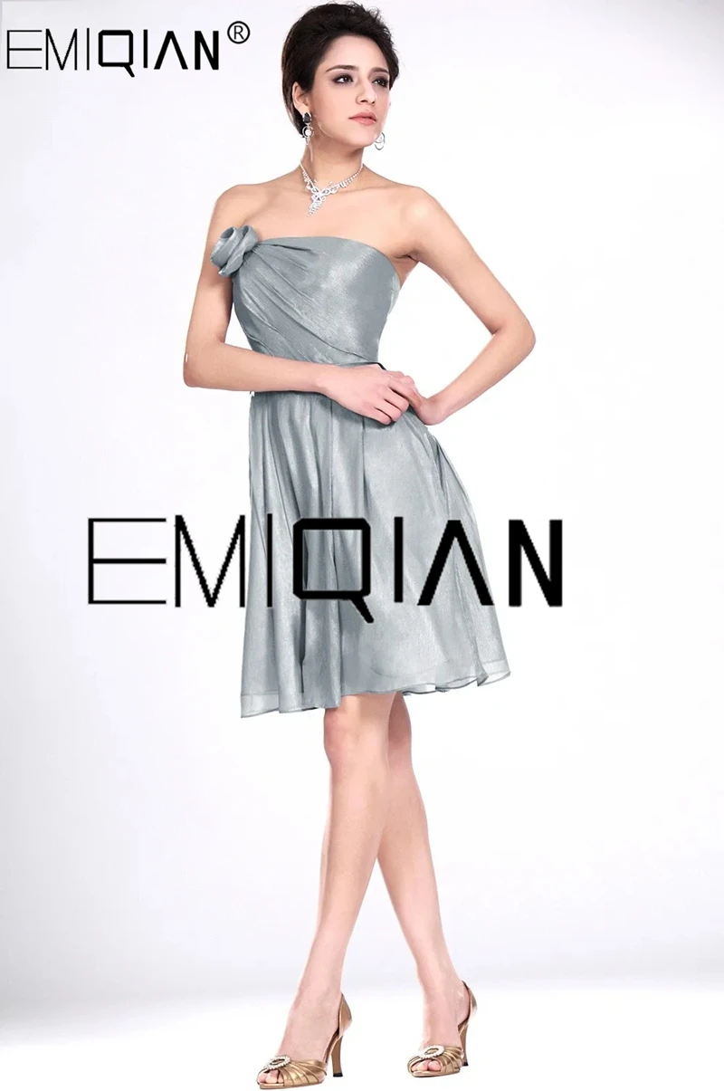 Strapless Silver Gray Cocktail Dresses Knee Length Short Bridesmaid Dress Wedding Party Dress