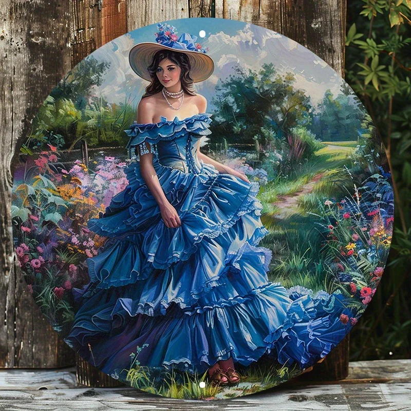 Elegant Blue Dress Lady Metal Art Set, Waterproof Aluminum Wall Decor, Pre-Drilled HD Printed, Outdoor and Indoor Sign