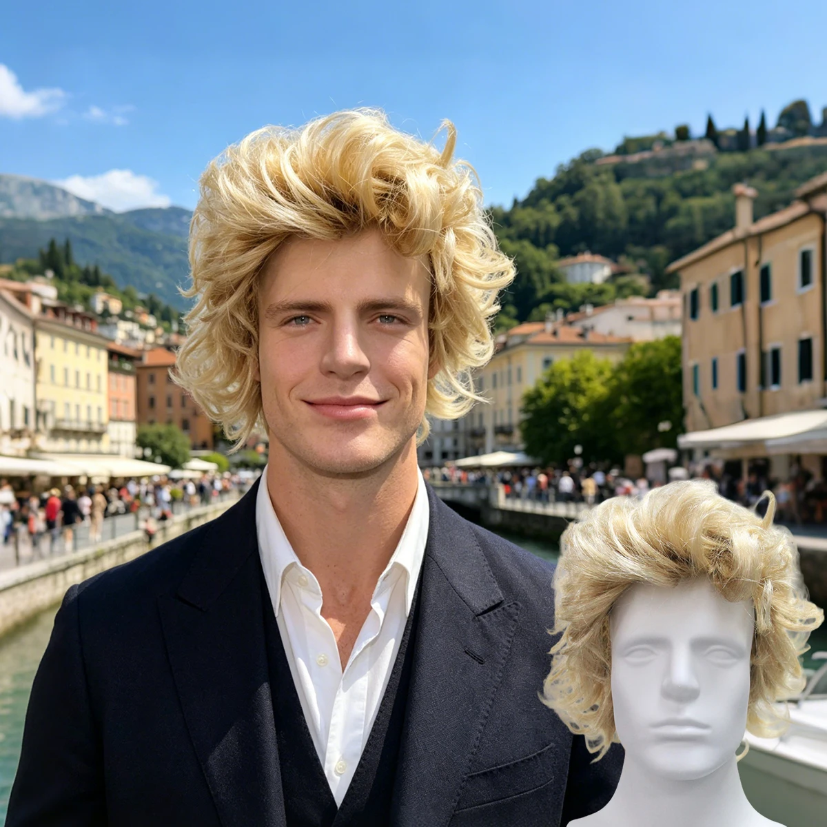 Blonde Messy Short Curly Synthetic Wig, Retro Rock Style Hair for Men, Perfect for 80s Party and Halloween Costume