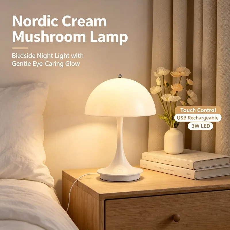 Nordic Mushroom Table Lamp USB Rechargeable Touch Dimmable LED Reading Lamp for Bedroom Nightstand Bookshelf Home Room Decorate